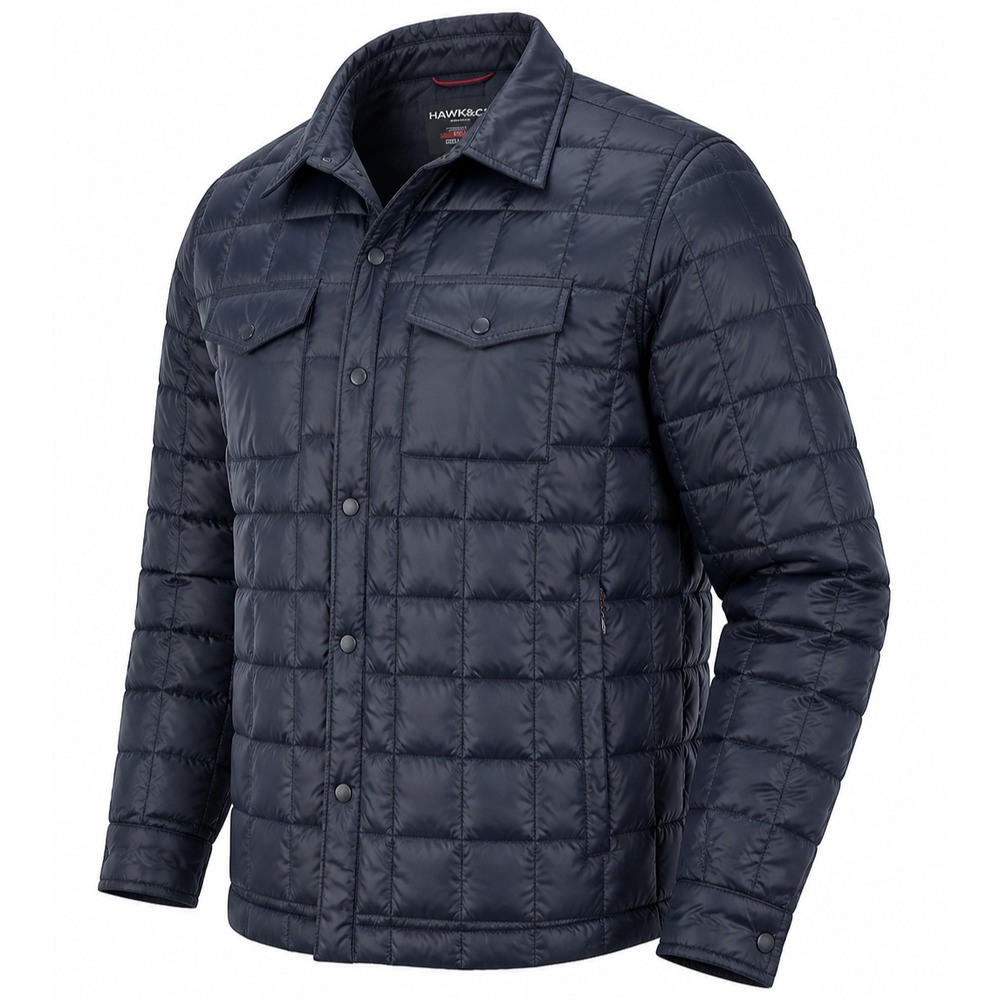 Hawke Co Box Quilted Down Puffer Jacket Men Black Nylon Full Snap Pkts HEN1135S